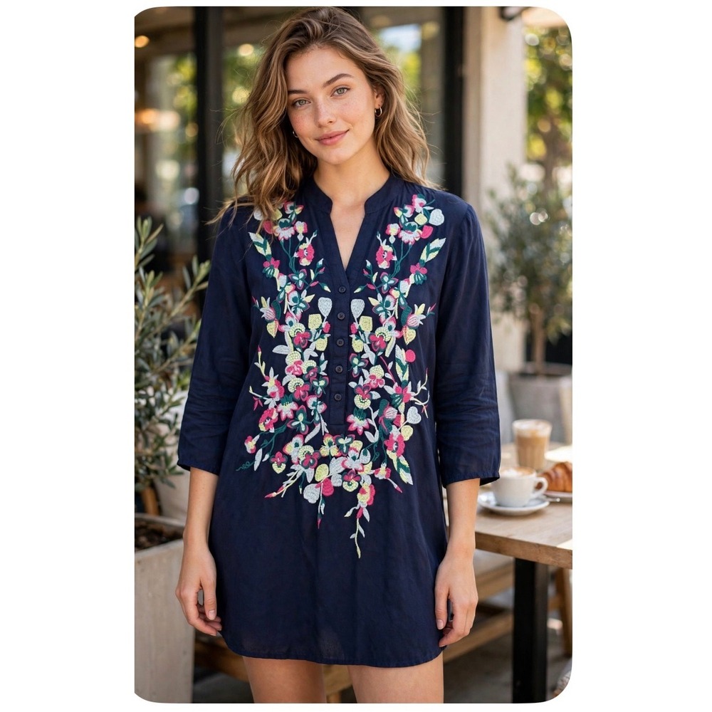 Solitaire Navy Blue Floral Embroidered Rayon Tunic Top Small Boho Split Neck